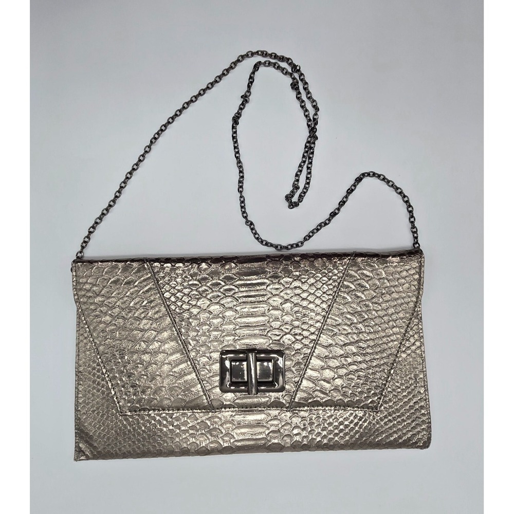 MMS Metallic Snakeskin Embossed Clutch Evening Bag Gunmetal Chain Strap